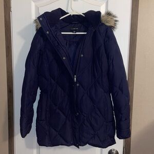 Lands’ End Dark Blue Down Faux Fur Detach. Hooded Coat Women’s Size XS (2-4)
